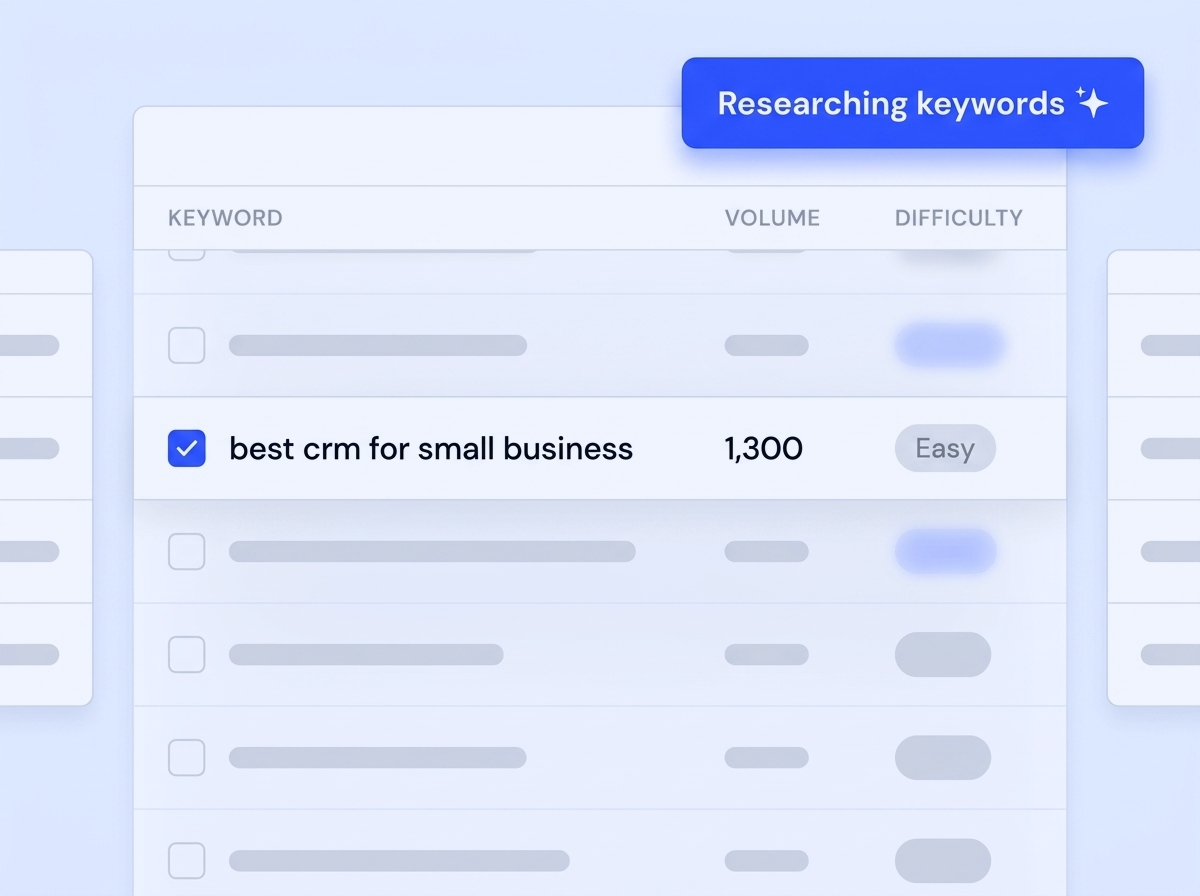 Sonarvue keyword research table with search volumes, difficulty scores, and an indexed badge