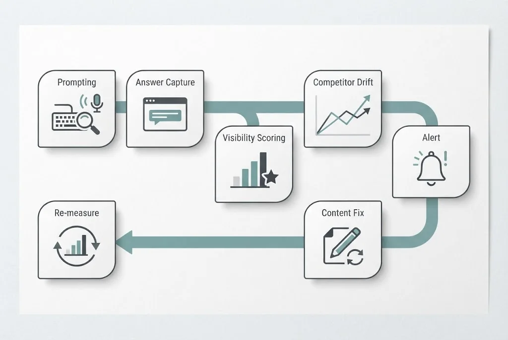 AEO tracking software workflow infographic from prompt set to answer capture, visibility scoring, competitor drift, alerts, content fixes, and re-measurement.