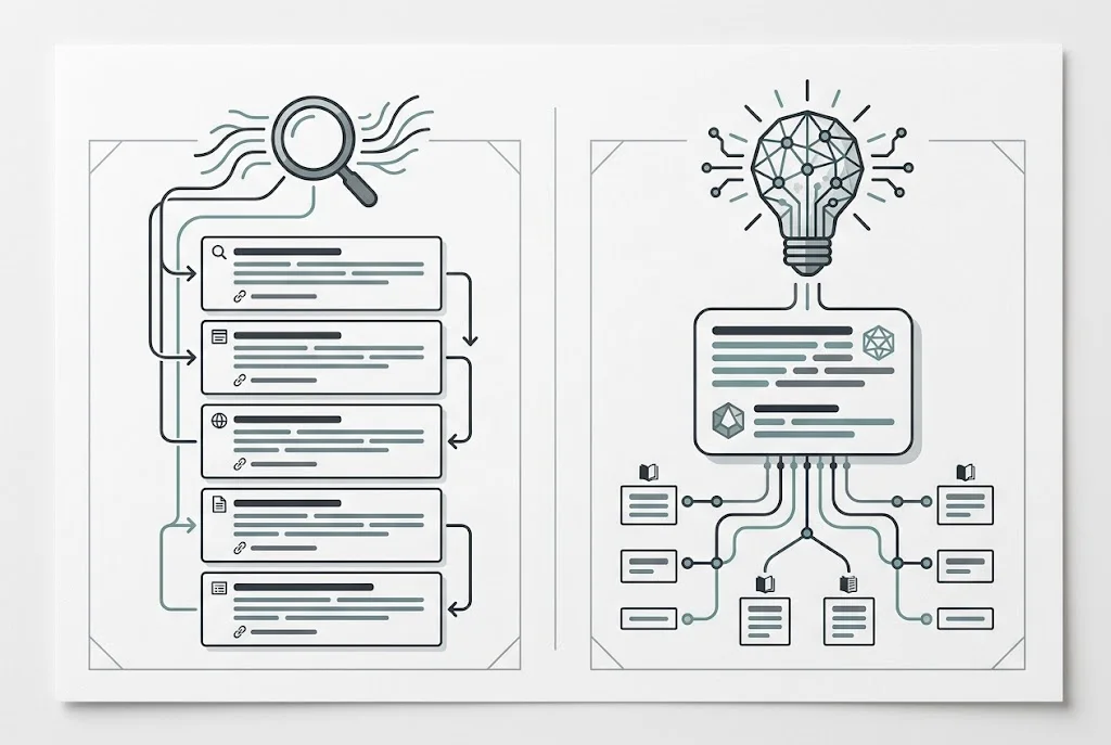 AEO versus SEO visual comparing traditional search result links with AI answer mentions and citations.
