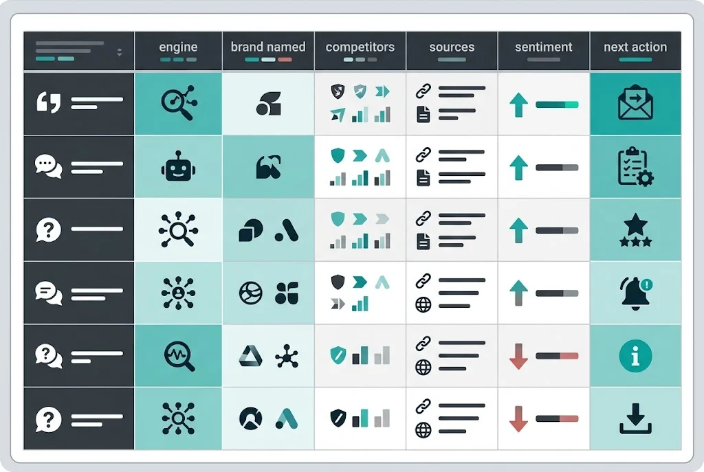 AI visibility report template preview showing columns for prompt, engine, brand named, competitors, sources, sentiment, and next action.
