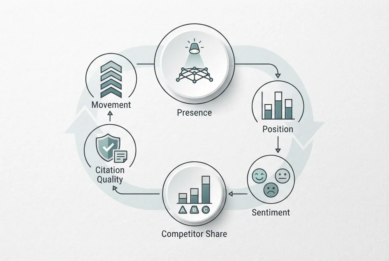 AI visibility score methodology infographic showing presence, position, sentiment, competitor share, citation quality, and movement.