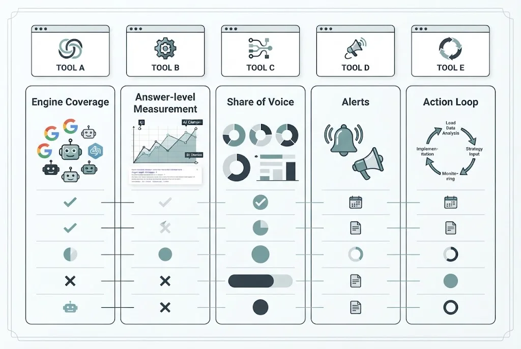 AI visibility tools comparison matrix covering engine coverage, answer-level measurement, share of voice, alerts, and action loop.