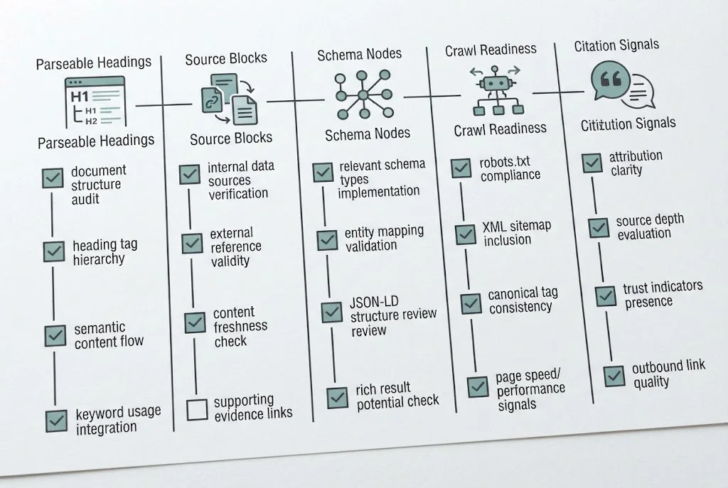 GEO checklist visual showing structured page improvements that make content easier for AI answer engines to cite.