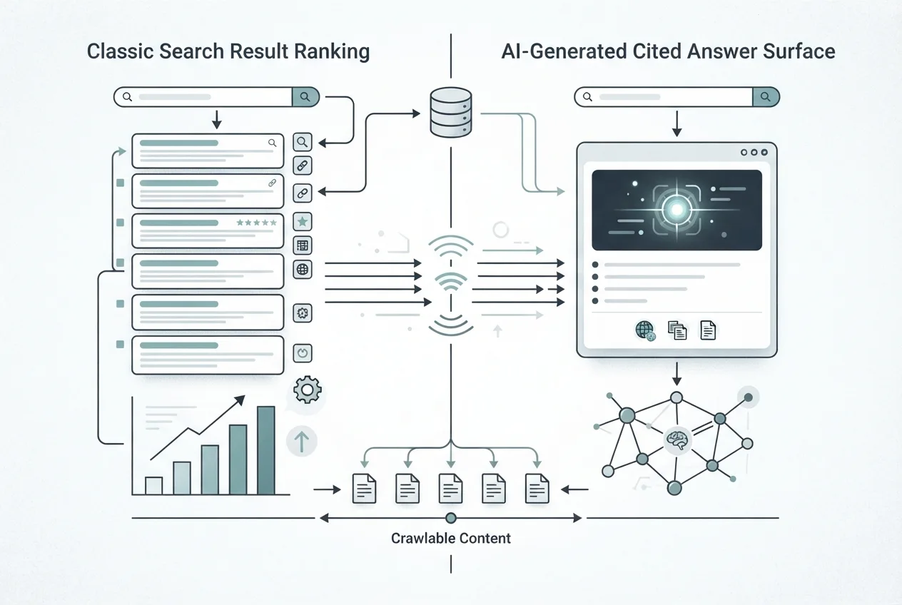 GEO versus SEO visual comparing search rankings with AI-generated answer citations.