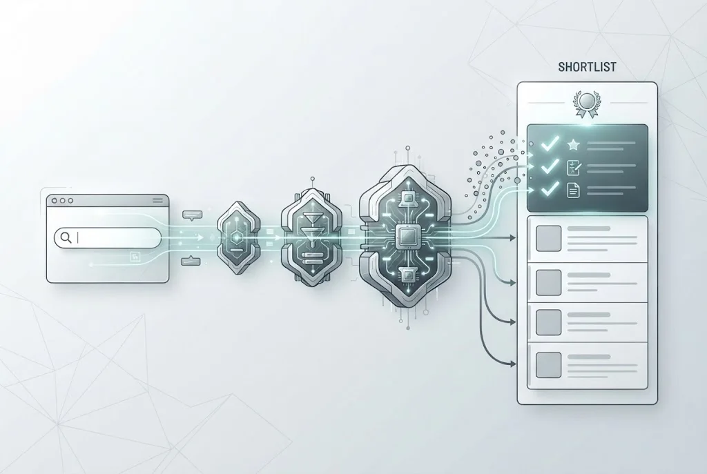 LLM SEO for B2B SaaS visual showing buyer prompts, AI answer engines, brand shortlists, and content citation signals.