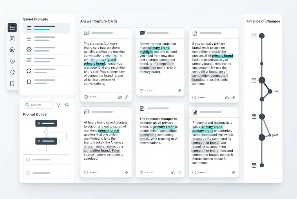 Brand mention tracking workflow visual for ChatGPT prompts, answer captures, competitor mentions, and visibility changes.